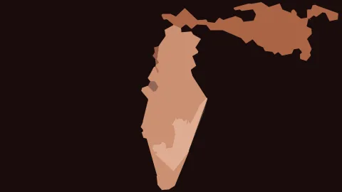 Abstrakte, flache Formen in Braun- und Beigetönen auf dunklem Hintergrund, die an eine stilisierte Landkarte erinnern.