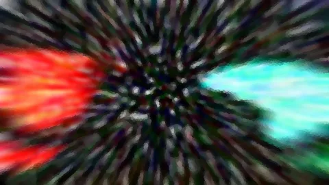 Abstraktes Bild mit radial von einem dunklen Zentrum ausgehenden Streifen, links leuchtend rot, rechts türkisfarben.