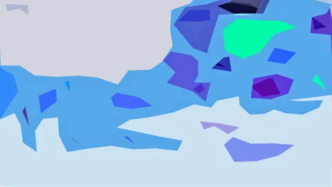 Abstrakte Komposition aus unregelmäßigen, flächigen Polygonen in Blau-, Violett- und Minttönen auf hellgrauem Grund.