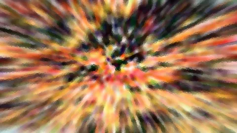Abstrakte Komposition aus orangefarbenen, roten, gelben und dunkelgrünen Streifen, die von einem zentralen Punkt radial nach außen strahlen und mosaikartig verpixelt sind.