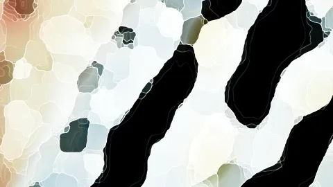 Abstraktes Muster aus weichen, organischen Formen in Schwarz, Cremeweiß, Beige und Hellblau, durchzogen von feinen hellen Linien, die an Konturen oder Zellstrukturen erinnern.