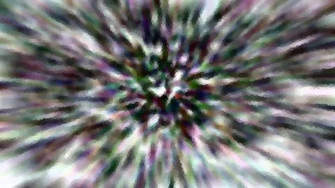 Abstrakte Komposition aus bunten Farbstreifen in Grün, Violett und Weiß, die radial von einer hellen Mitte nach außen laufen.