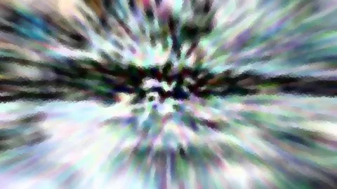 Abstrakte Komposition aus radial von einem dunklen Zentrum nach außen verlaufenden, verwischten Streifen in Grün, Violett, Weiß und Schwarz, mit pixeliger Kantenstruktur.