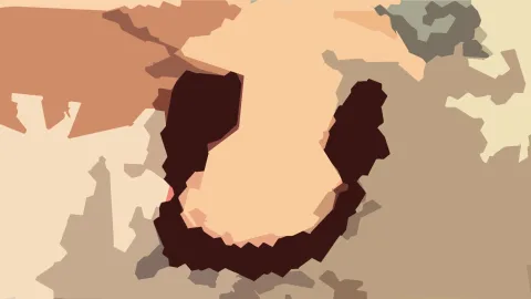Abstrakte Komposition aus flachen braunen, beigen und dunkelbraunen Formen, in der Mitte eine dunkle U-förmige Fläche.
