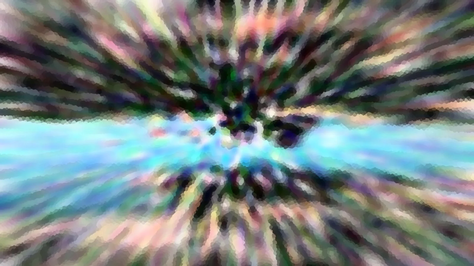 Abstrakte, radial verwischte Komposition mit Farbstreifen in Grün, Rosa und Violett, in der Mitte ein helles Türkisband mit dunklen Flecken.