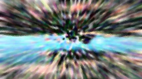 Abstrakte, radial verwischte Komposition mit Farbstreifen in Grün, Rosa und Violett, in der Mitte ein helles Türkisband mit dunklen Flecken.
