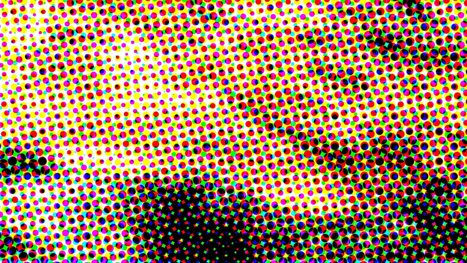 Dichtes Raster aus bunten Punkten in Rot, Gelb, Magenta, Grün, Blau und Schwarz, nach rechts unten dunkler werdend.