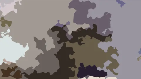 Abstrakte Komposition aus unregelmäßigen, zackigen Farbflächen in Grau, Braun, Ocker, Dunkelbraun, Violett und Hellblau, die dicht ineinandergreifen.