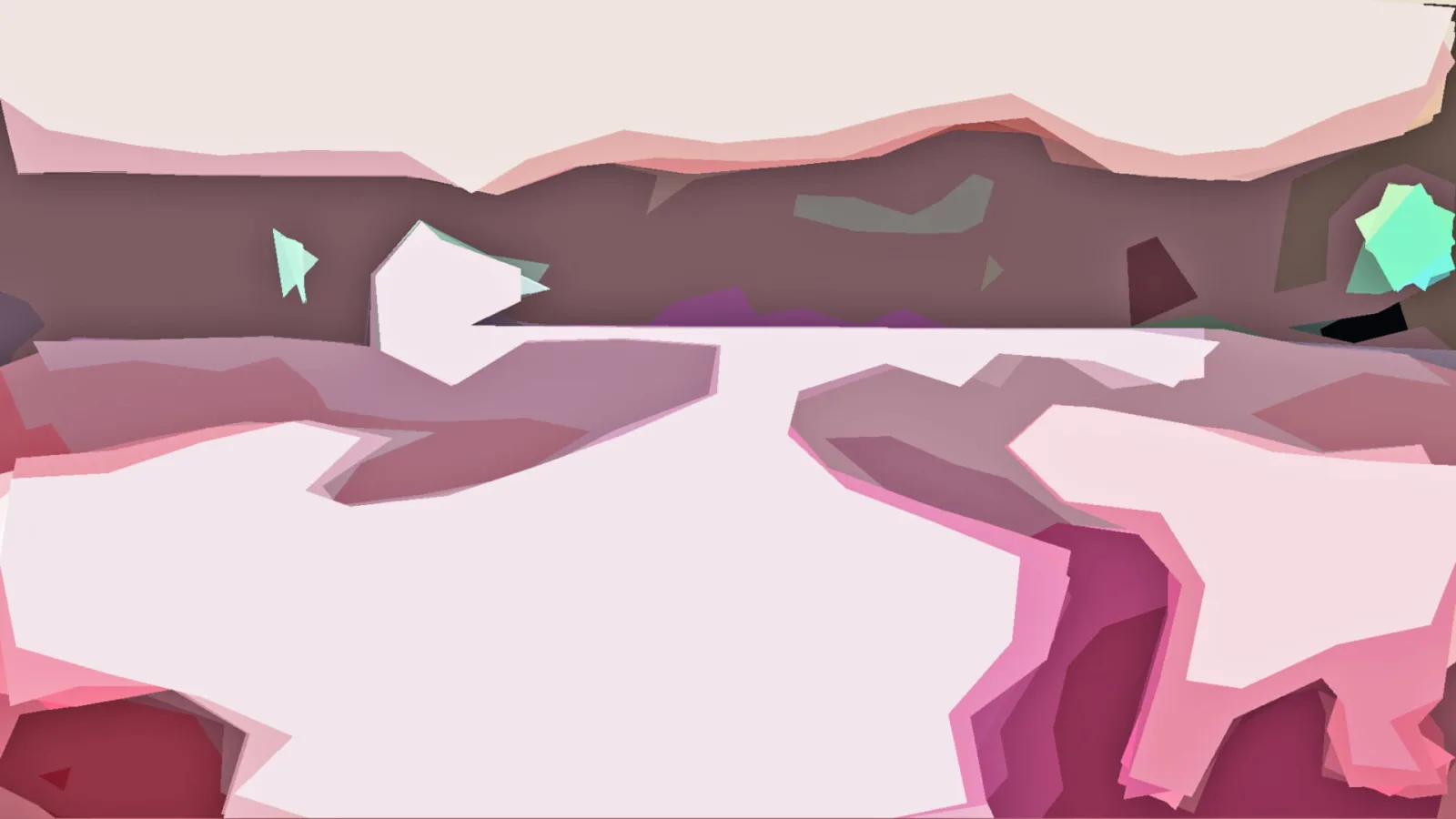 Abstrakte Landschaft aus flächigen, kantigen Formen in Rosa, Mauve und Creme, am Horizont ein dunkler Streifen, oben ein heller Himmel und vereinzelte mintgrüne Akzente.