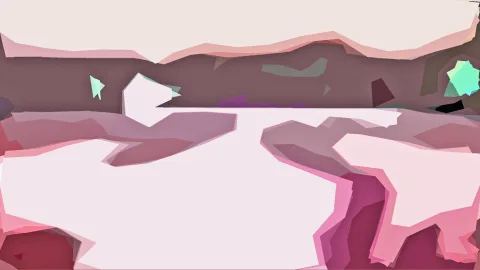 Abstrakte Landschaft aus flächigen, kantigen Formen in Rosa, Mauve und Creme, am Horizont ein dunkler Streifen, oben ein heller Himmel und vereinzelte mintgrüne Akzente.