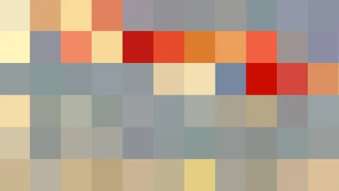 Mosaik aus großen Farbfeldern in Beige, Grau, Orange und Rot, in sechs Reihen angeordnet.