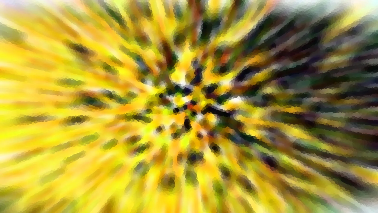 Abstrakte Komposition aus gelben und dunkelgrünen Streifen, die von einem zentralen Punkt aus radial nach außen laufen, grobkörnig gepixelt.