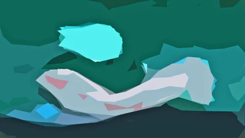 Abstraktes Bild aus flächigen Polygonen in Petrol, Türkis und Mint, mit einer hellgrauen, diagonal verlaufenden Form und rosafarbenen Akzenten.