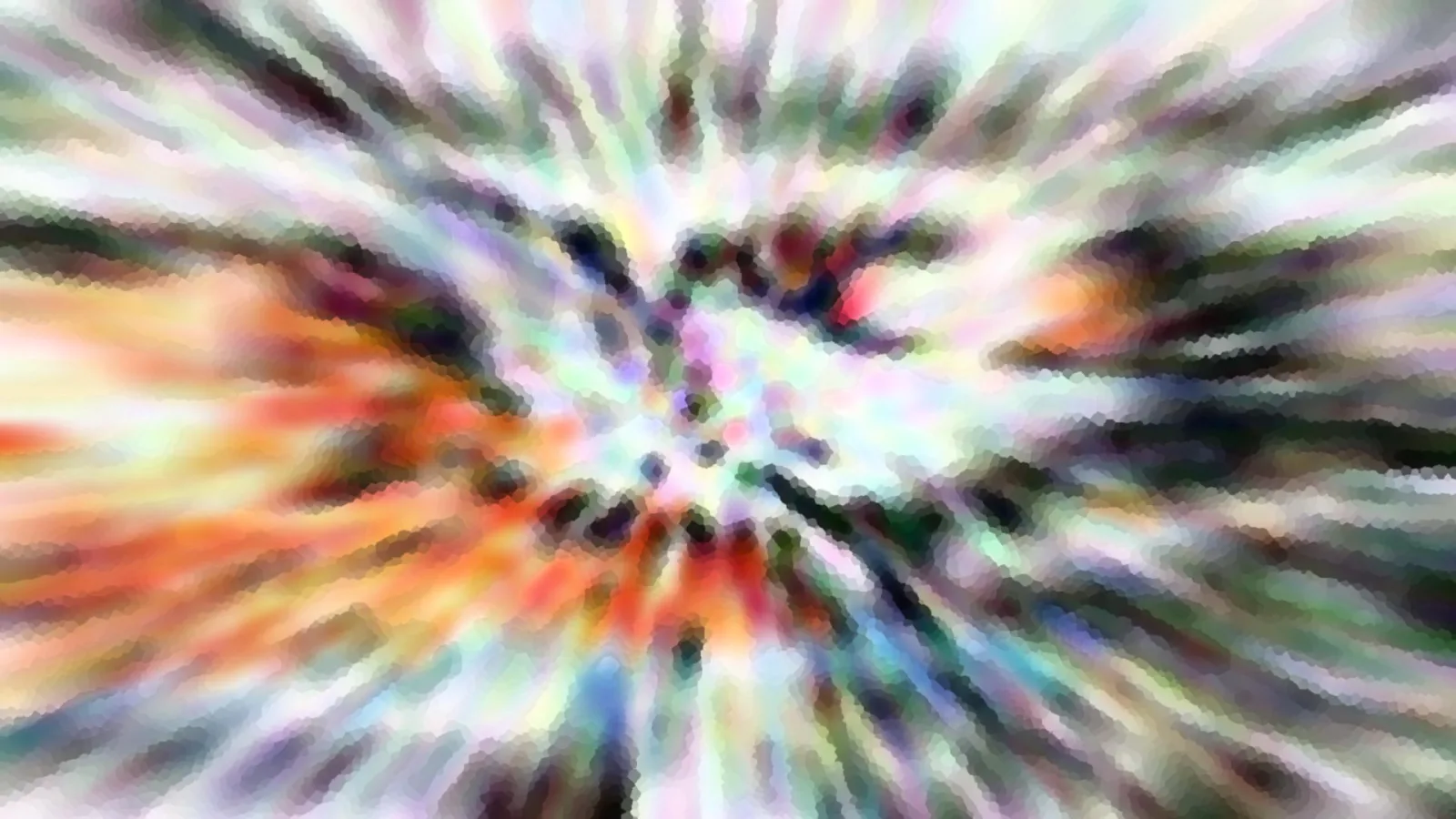Abstraktes Bild mit farbigen Strahlen, die von einem dunklen Zentrum nach außen laufen; rot, orange, grün und weiß dominieren, die Kanten wirken pixelig gekachelt.