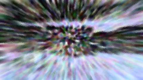 Abstraktes Bild mit pastellfarbenen Schlieren, die von einem hellen Zentrum radial nach außen strahlen und mosaikartig verpixelt wirken.