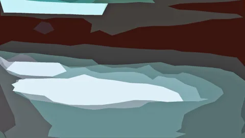 Abstrakte Landschaft aus facettierten Flächen: oben dunkelrot, darunter graue und türkisfarbene Schichten, im Vordergrund zwei helle weiße Eisflächen.