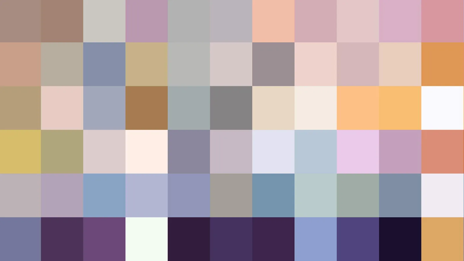 Abstraktes Raster aus pastellfarbenen Quadraten in Rosa, Beige, Grau, Blau und Violett, dunkle Felder unten.