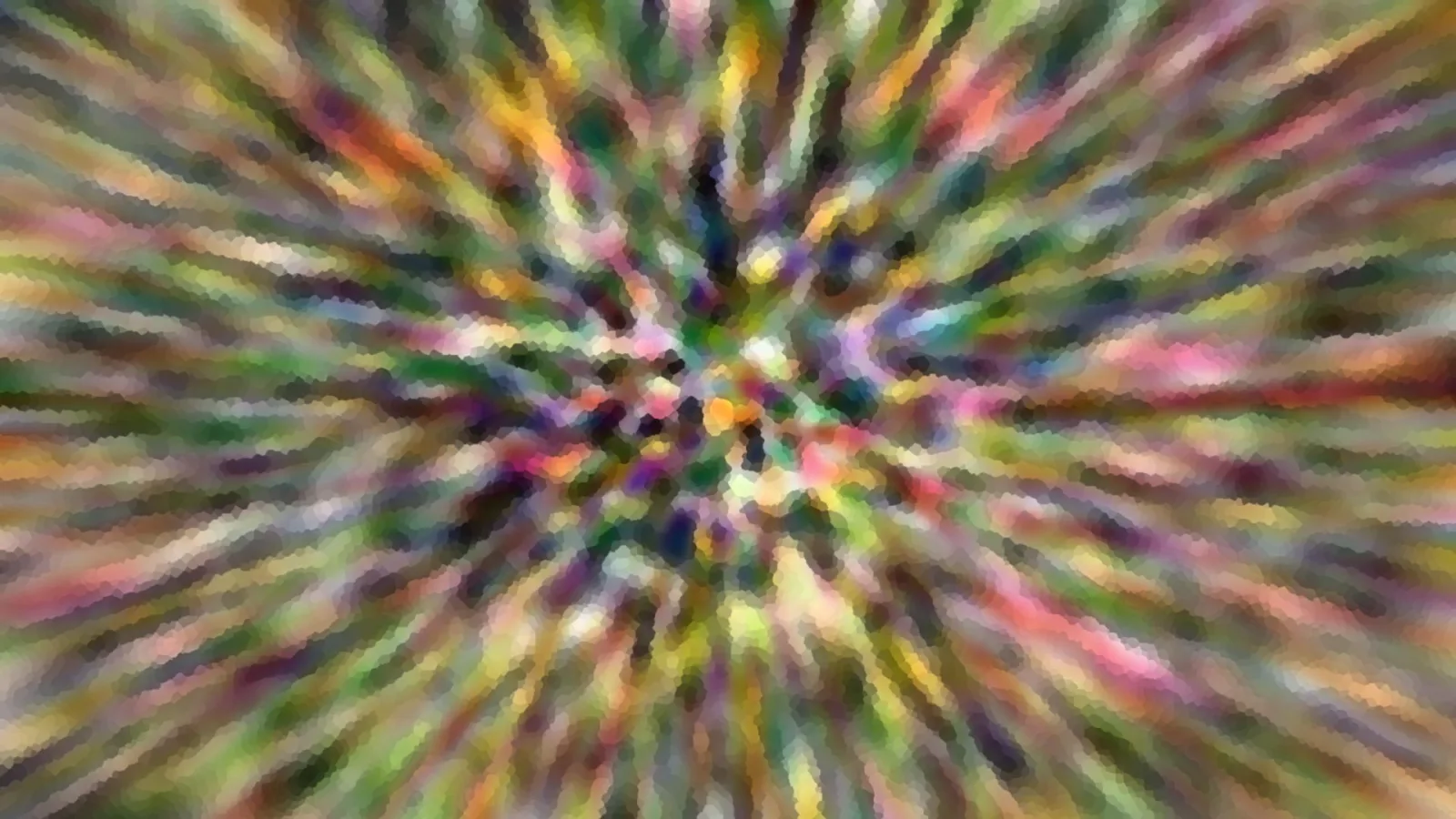 Abstraktes Bild mit bunten Farbstreifen in Grün, Rosa, Gelb und Violett, die radial von einem hellen Zentrum nach außen laufen.