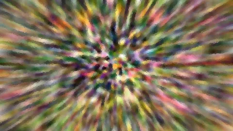 Abstraktes Bild mit bunten Farbstreifen in Grün, Rosa, Gelb und Violett, die radial von einem hellen Zentrum nach außen laufen.