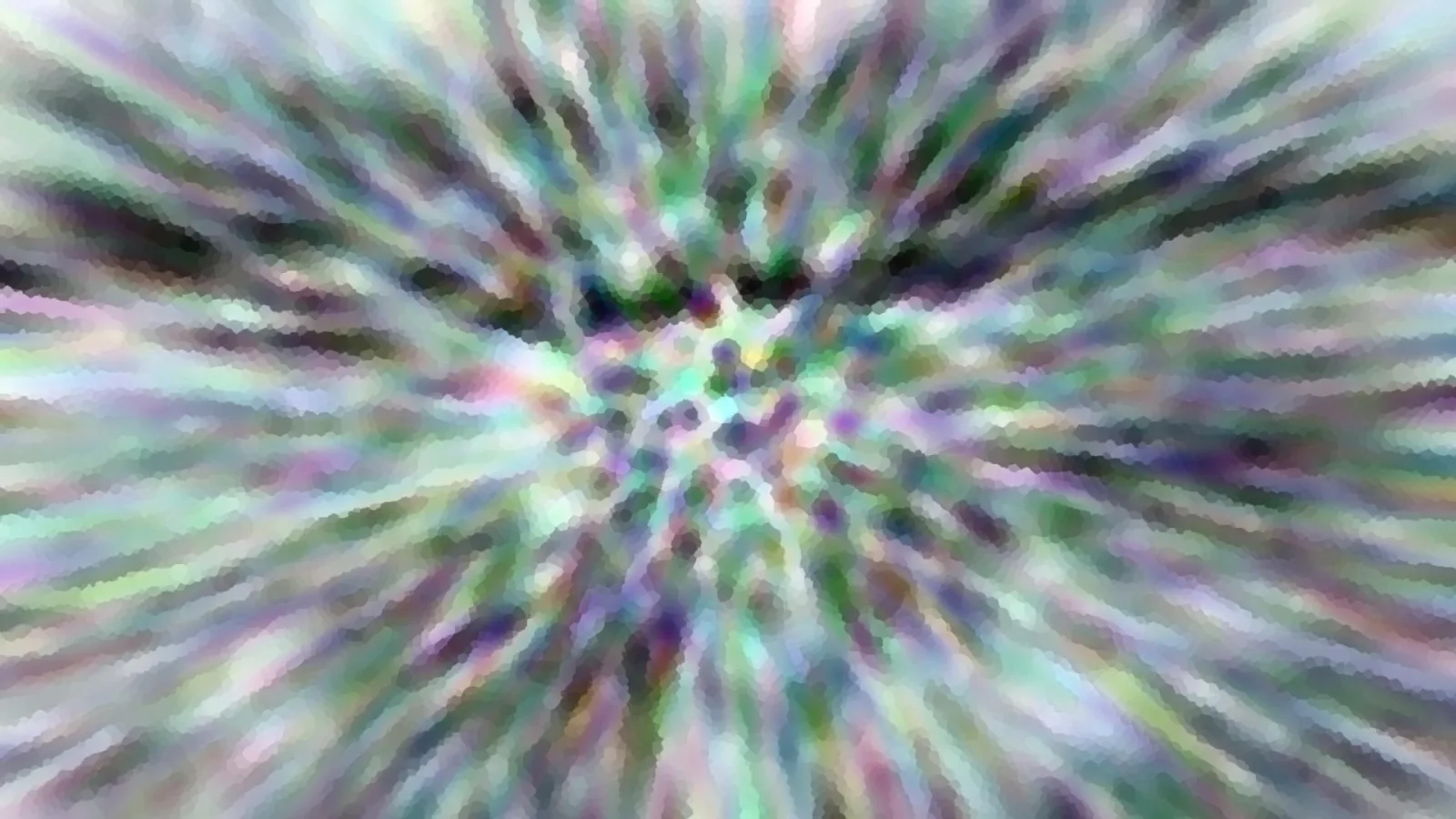 Abstrakte Komposition aus bunten, radial verlaufenden Schlieren in Grün, Violett und Weiß mit pixeligen Übergängen.