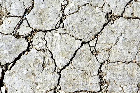 Nahaufnahme einer grauen, stark rissigen Gesteinsoberfläche mit dunklen Spalten und helleren Bruchstücken