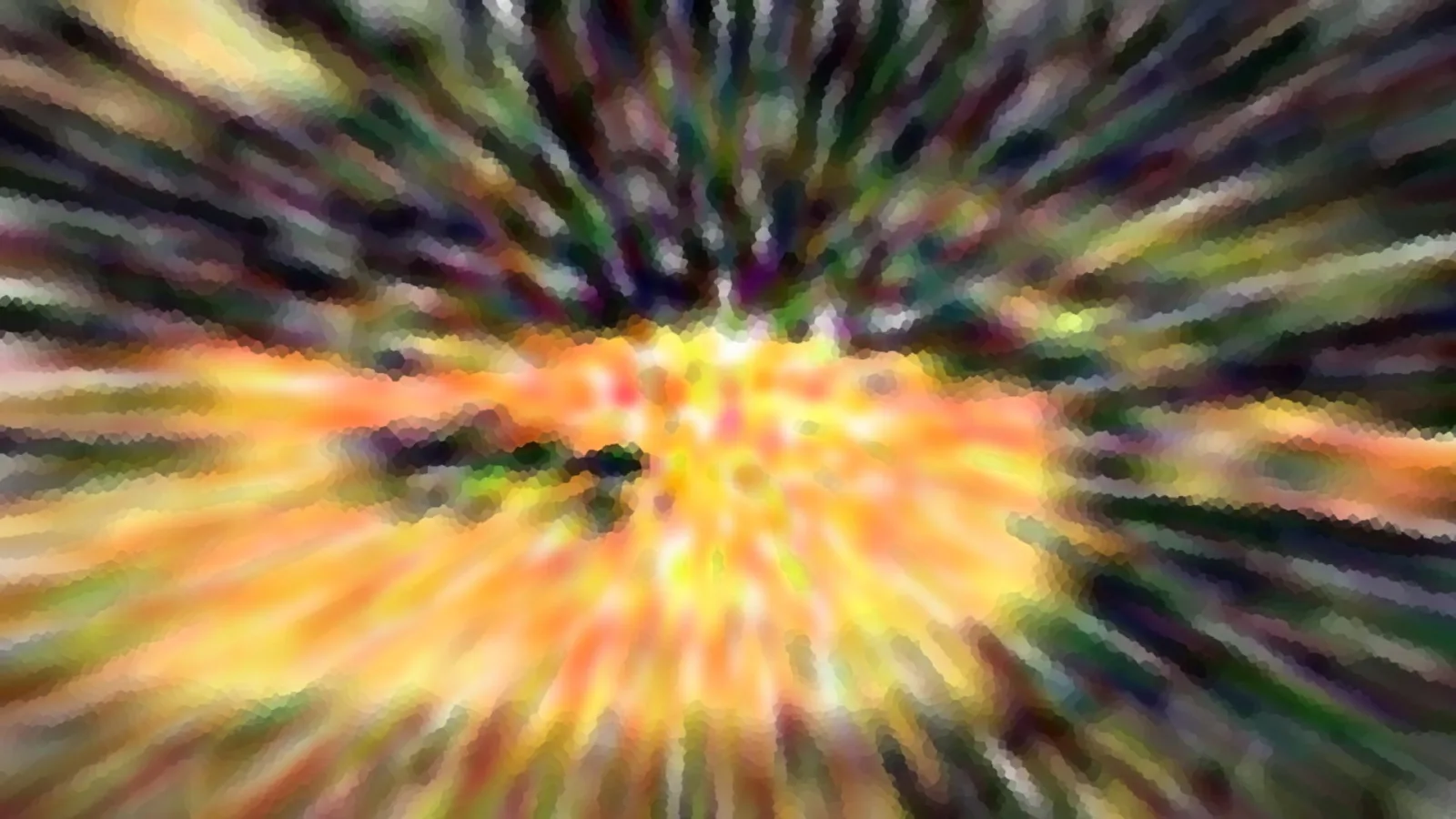 Abstrakte radiale Unschärfe mit leuchtend gelbem und orangefarbenem Zentrum, umgeben von dunklen Streifen in Grün und Violett.