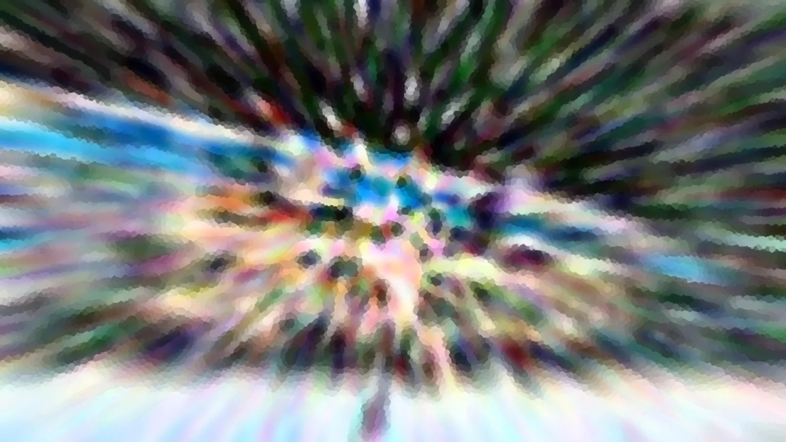 Abstrakte Komposition aus bunten Farbschlieren, die von der Bildmitte radial nach außen laufen, mit blauen, grünen und hellen Tönen und einem weißlichen Bereich am unteren Rand.