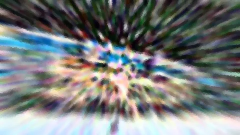 Abstrakte Komposition aus bunten Farbschlieren, die von der Bildmitte radial nach außen laufen, mit blauen, grünen und hellen Tönen und einem weißlichen Bereich am unteren Rand.