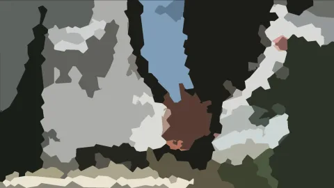 Abstrakte Komposition aus flächigen, kantigen Formen in Grau, Schwarz, Weiß, Hellblau und Braun, mit einem dunklen Grünfeld rechts und einem hellen Streifen am unteren Rand.