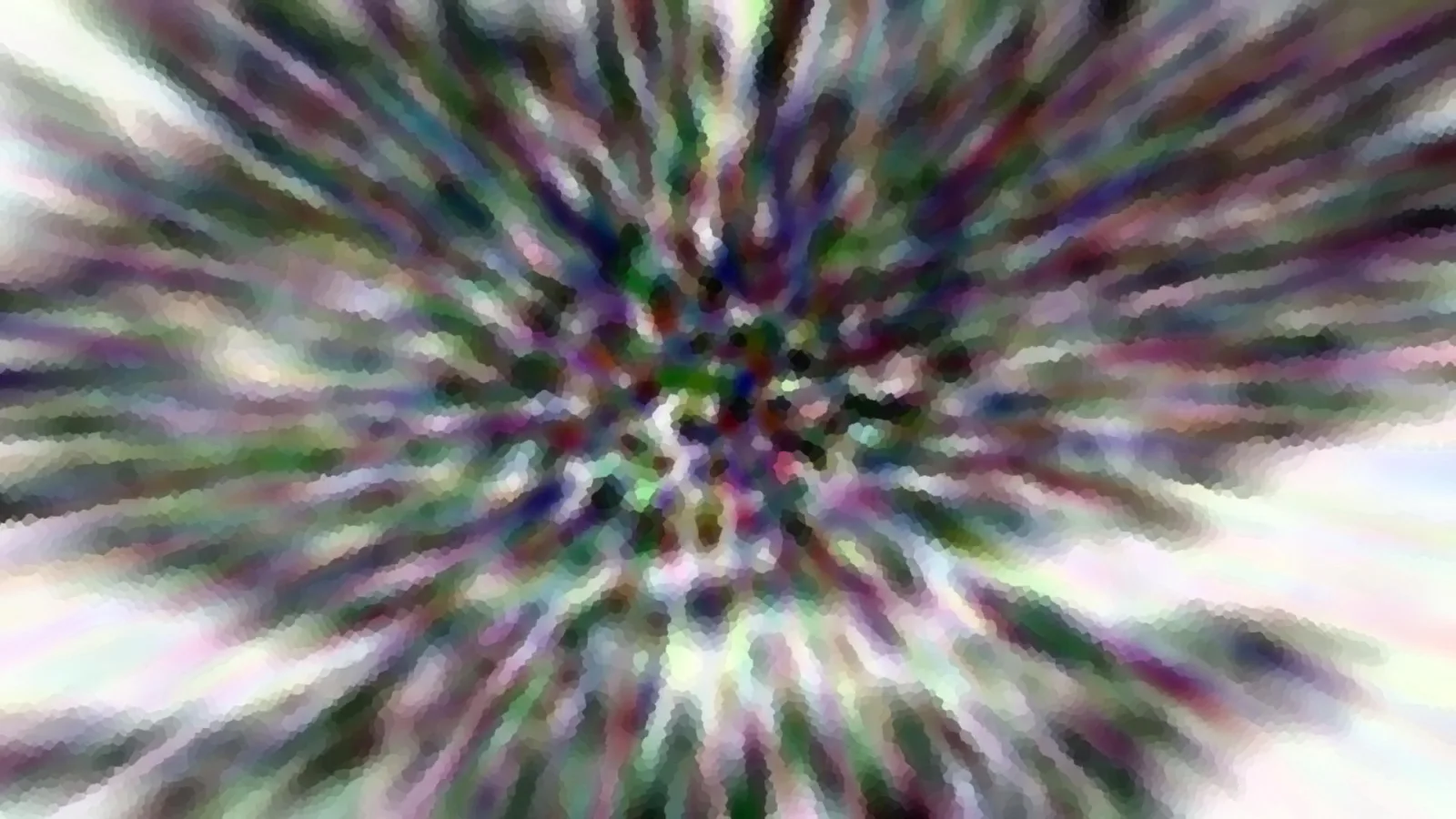 Abstraktes Bild mit bunten, verwischten Streifen, die radial von einem zentralen Punkt nach außen laufen, leicht pixelig