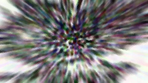 Abstraktes Bild mit bunten, verwischten Streifen, die radial von einem zentralen Punkt nach außen laufen, leicht pixelig