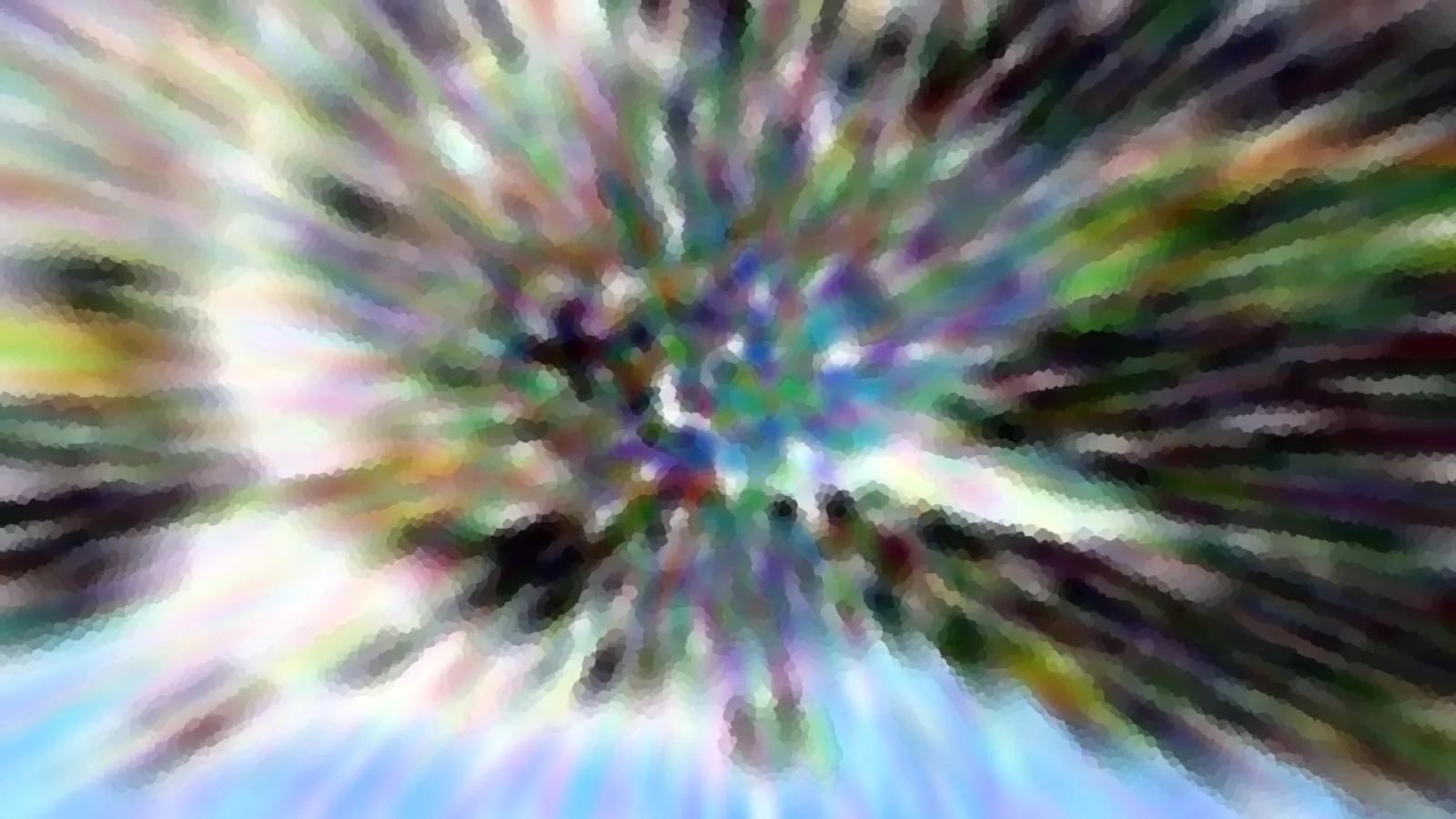 Abstrakte Komposition aus bunten Schlieren, die vom Zentrum nach außen strahlen, mit blauen Flächen am unteren Rand.