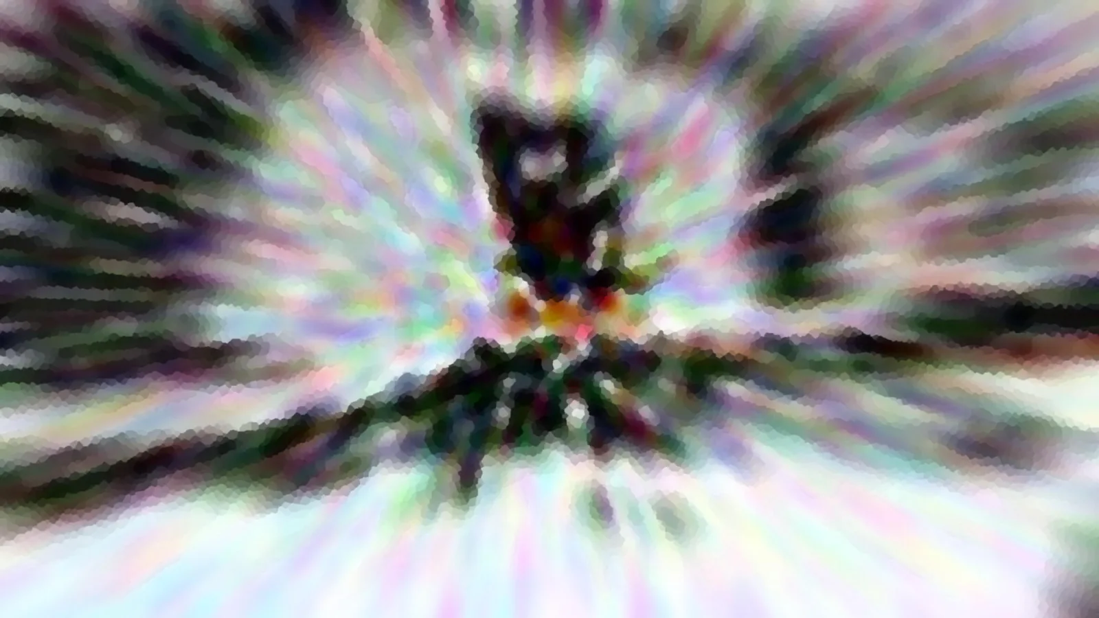 Abstrakte Komposition aus bunten Streifen, die radial von einer dunklen Silhouette im oberen Mittelteil ausgehen.