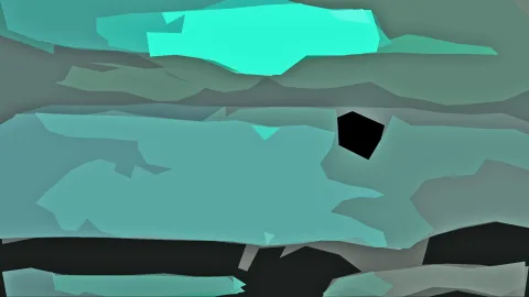Abstrakte Komposition aus türkisen, graugrünen und schwarzen polygonalen Flächen, mit einem kleinen schwarzen Fünfeck rechts der Mitte.