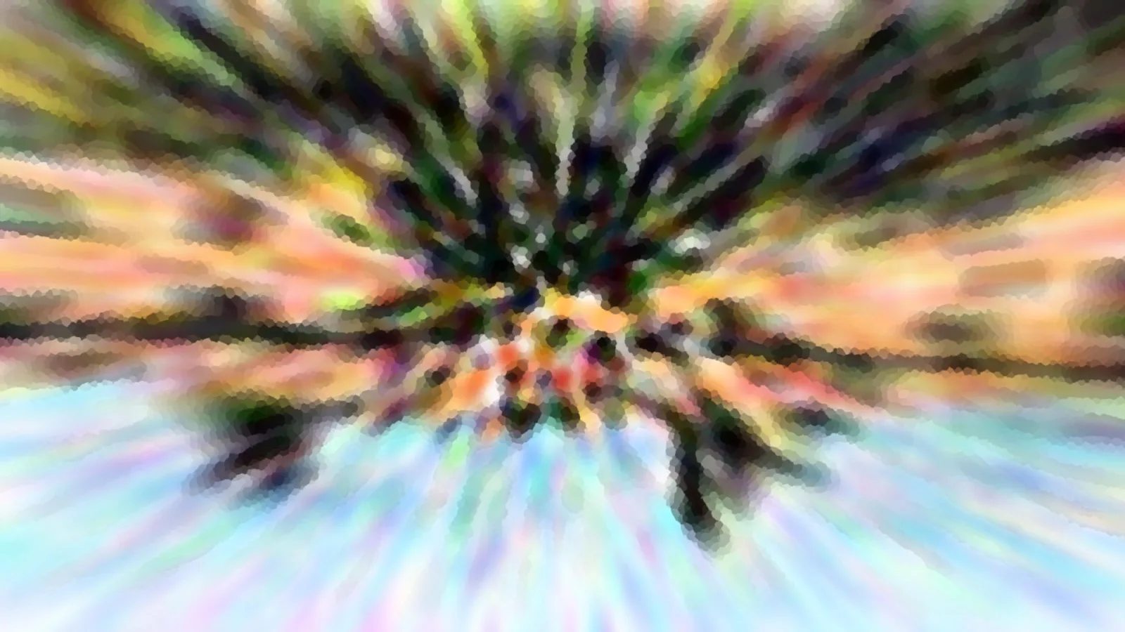 Abstrakte Farbkomposition mit radialem Zoomeffekt: dunkles Blattwerk in der Mitte, umgeben von orangefarbenen und hellblauen Streifen in Pastelltönen.