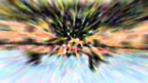 Abstrakte Farbkomposition mit radialem Zoomeffekt: dunkles Blattwerk in der Mitte, umgeben von orangefarbenen und hellblauen Streifen in Pastelltönen.