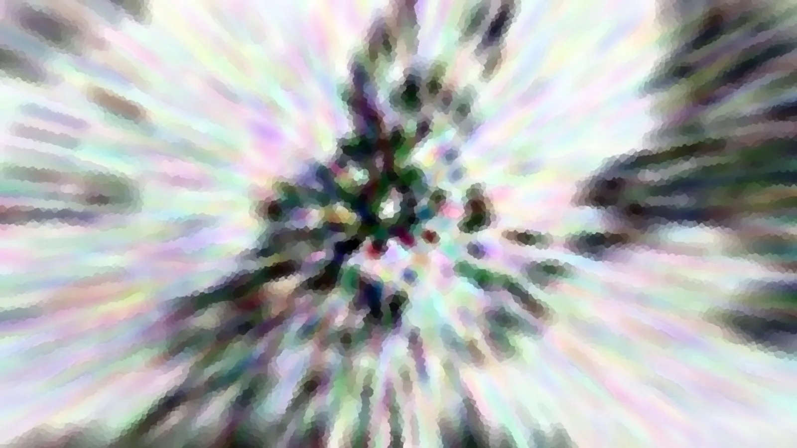 Abstraktes Bild mit radialer Unschärfe in Pastellfarben. Im Zentrum sind dunkle grüne und schwarze Formen zu erkennen, die nach außen in helle lila, grüne und weiße Streifen übergehen.