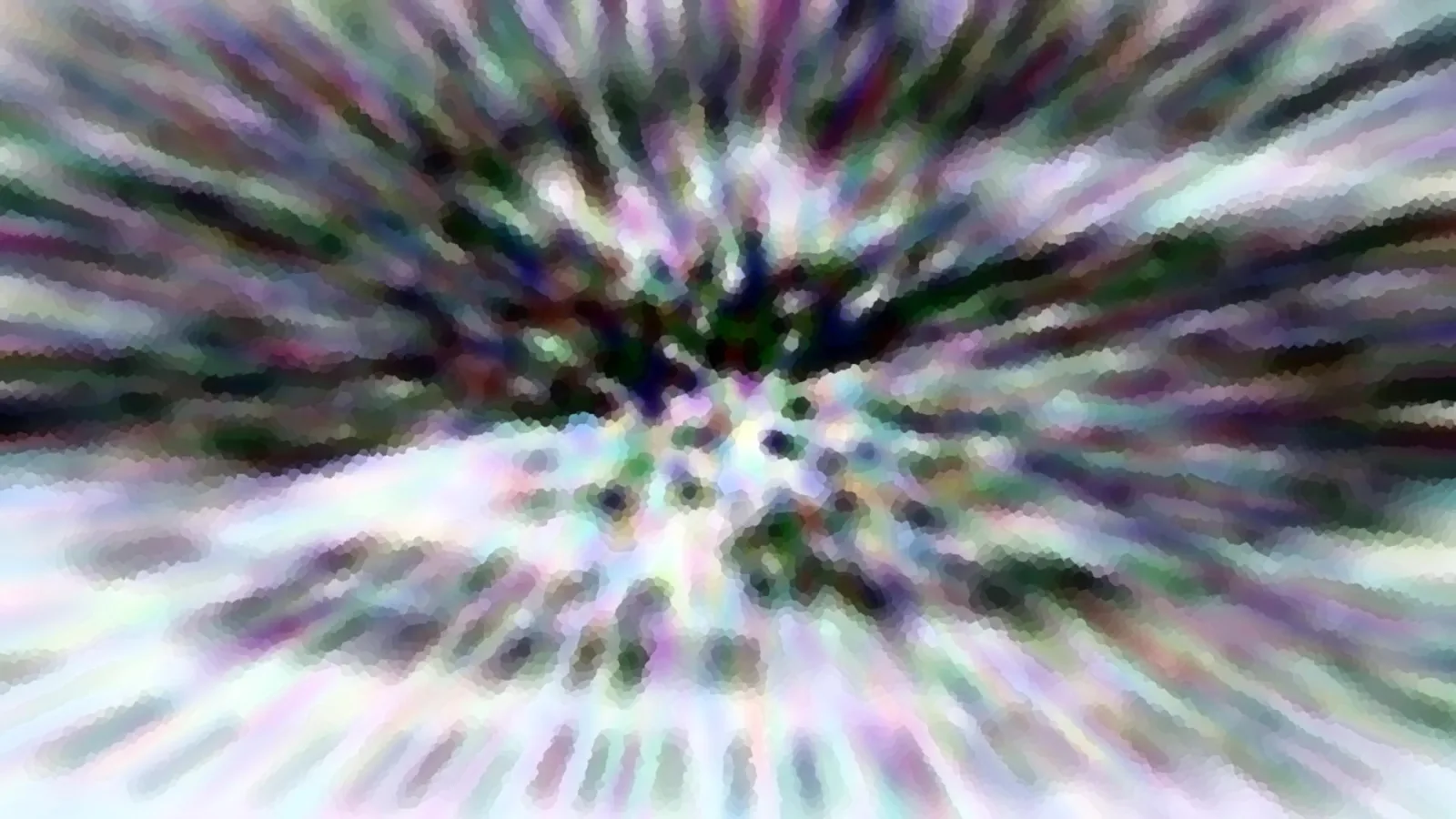 Abstraktes Bild mit radial verlaufenden, pastellfarbenen Streifen um ein dunkles Zentrum, grob gepixelt.