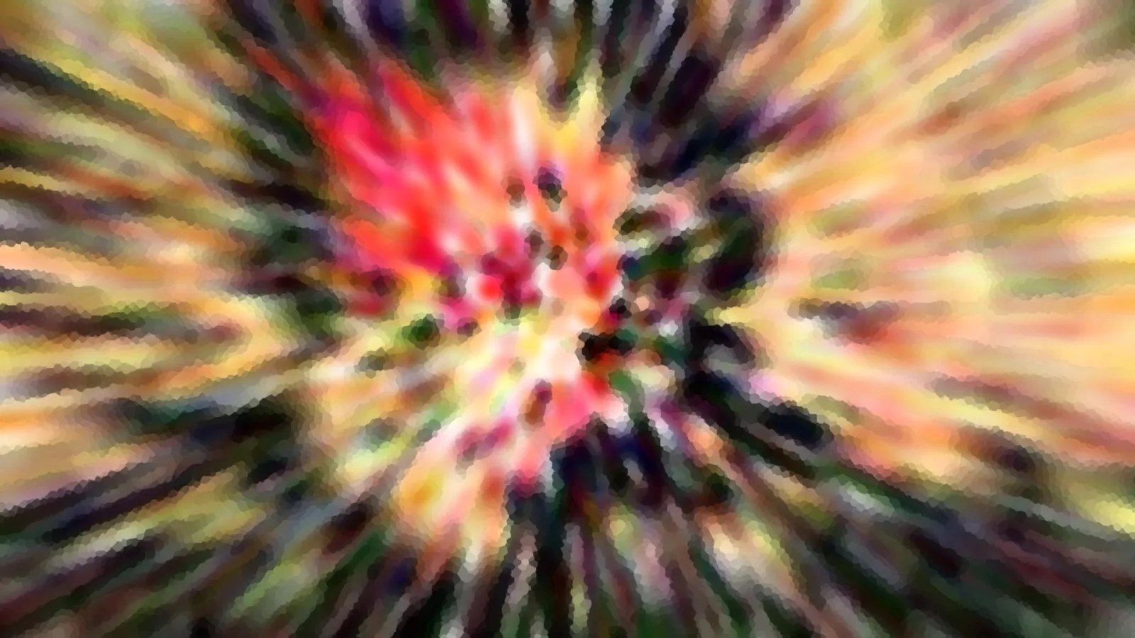 Abstraktes Bild mit radial von der Mitte nach außen laufenden Streifen in Rot, Gelb, Grün und Schwarz, mosaikartig pixelig.