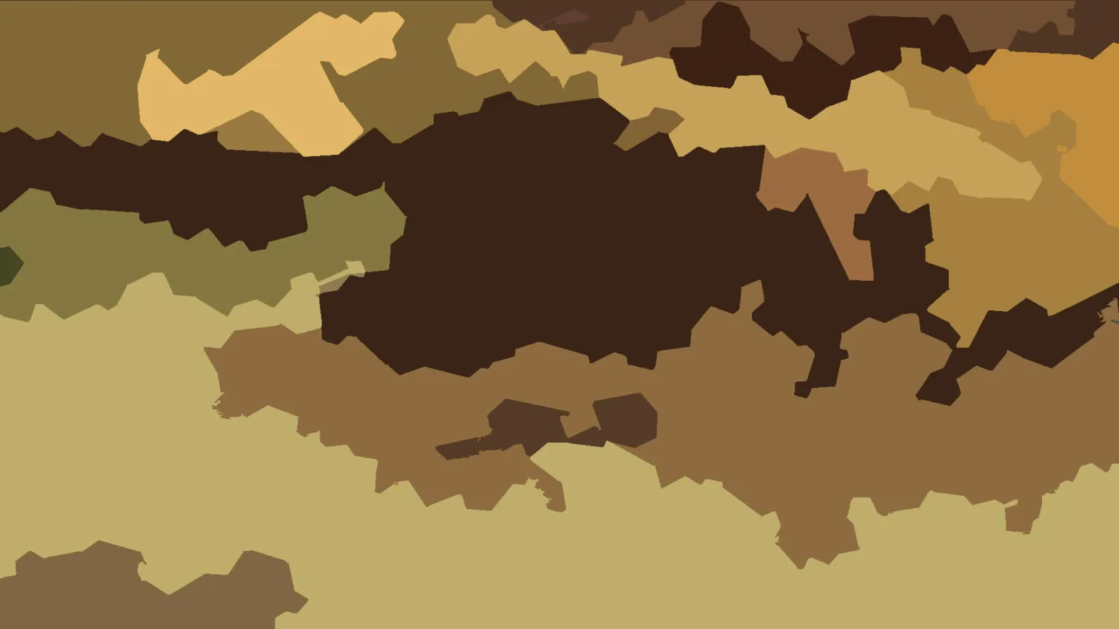 Abstraktes Muster aus unregelmäßigen Flächen in Ocker, Braun, Oliv und hellem Beige, dicht gegen die Bildmitte verteilt.