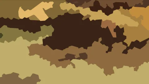 Abstraktes Muster aus unregelmäßigen Flächen in Ocker, Braun, Oliv und hellem Beige, dicht gegen die Bildmitte verteilt.