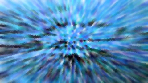 Abstrakte Komposition aus blauen, violetten und dunklen Streifen, die von einem zentralen Punkt radial nach außen strahlen, mit mosaikartiger Körnung.