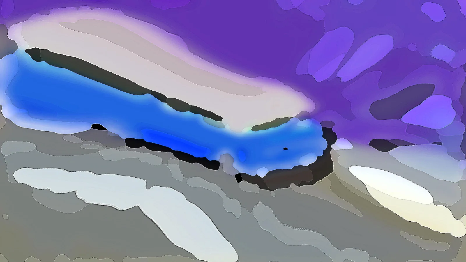 Abstrakte Komposition in Violett, Blau und Grau mit weißen Flächen und einem dunklen Band.