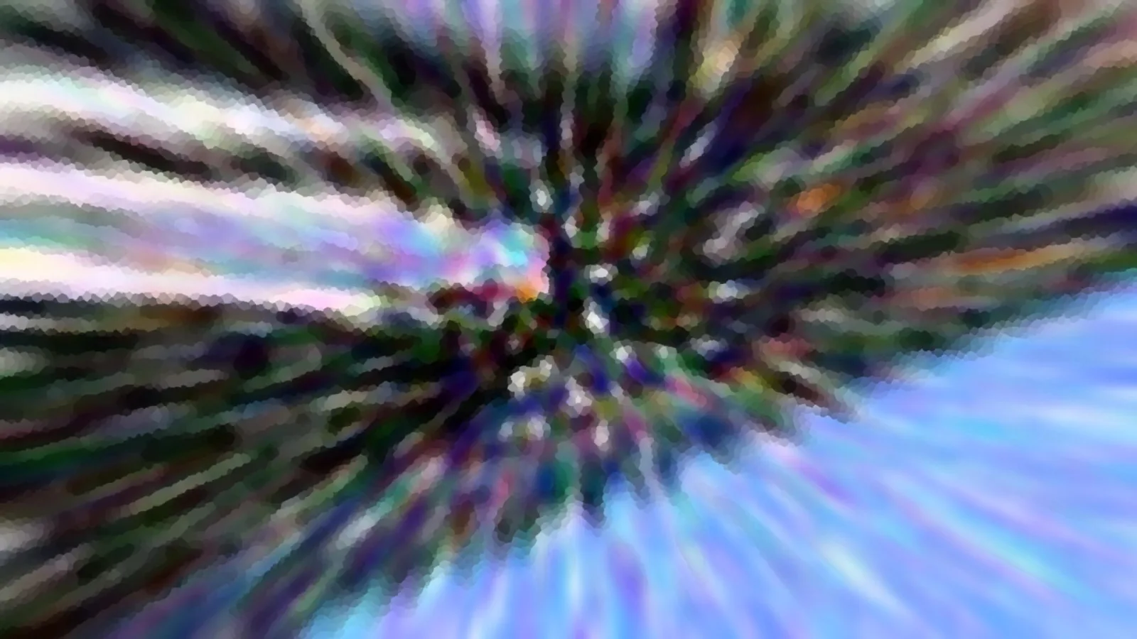 Abstrakte Unschärfe mit radial nach außen verlaufenden bunten Streifen in Grün, Violett und Weiß, unten rechts ein helles Blau.