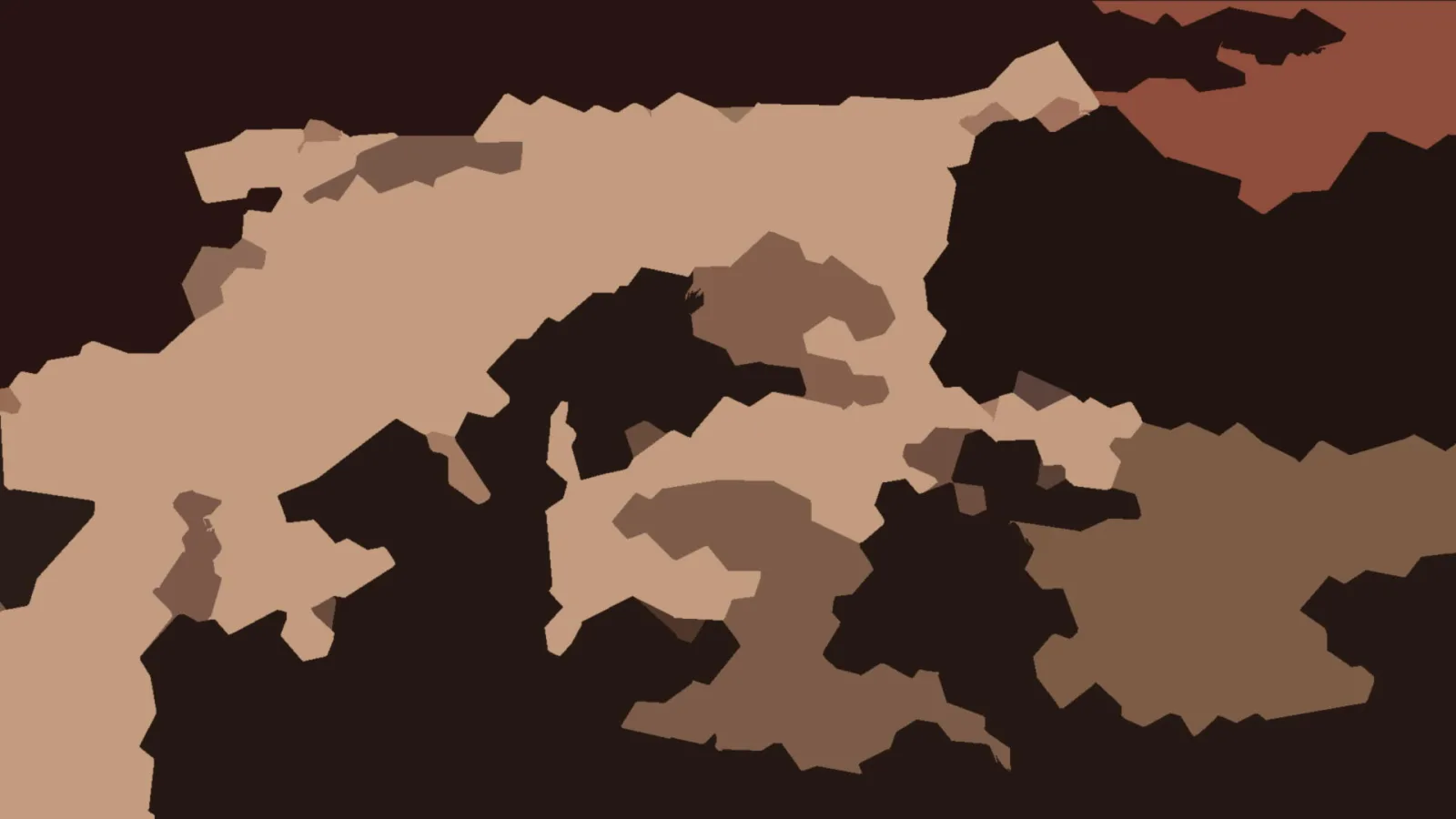 Abstraktes Muster aus flächigen, unregelmäßigen Formen in Beige, Braun und Dunkelbraun, oben rechts ein rostroter Bereich.