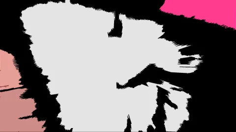 Abstrakte Komposition mit einer großen, hellgrauen, unregelmäßig ausgefransten Form auf schwarzem Grund, rechts oben ein pinkfarbenes Feld, links unten ein blassrosa Bereich.