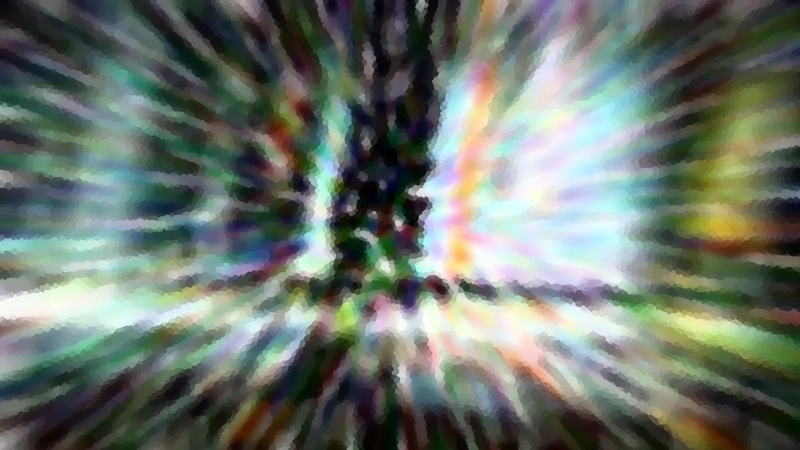Abstrakte Komposition aus farbigen Streifen, die von der Bildmitte radial nach außen laufen. In der Mitte ist eine dunkle, vertikale Form zu erkennen, das Bild wirkt grob gepixelt.