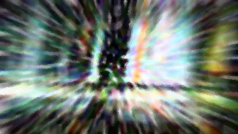 Abstrakte Komposition aus farbigen Streifen, die von der Bildmitte radial nach außen laufen. In der Mitte ist eine dunkle, vertikale Form zu erkennen, das Bild wirkt grob gepixelt.