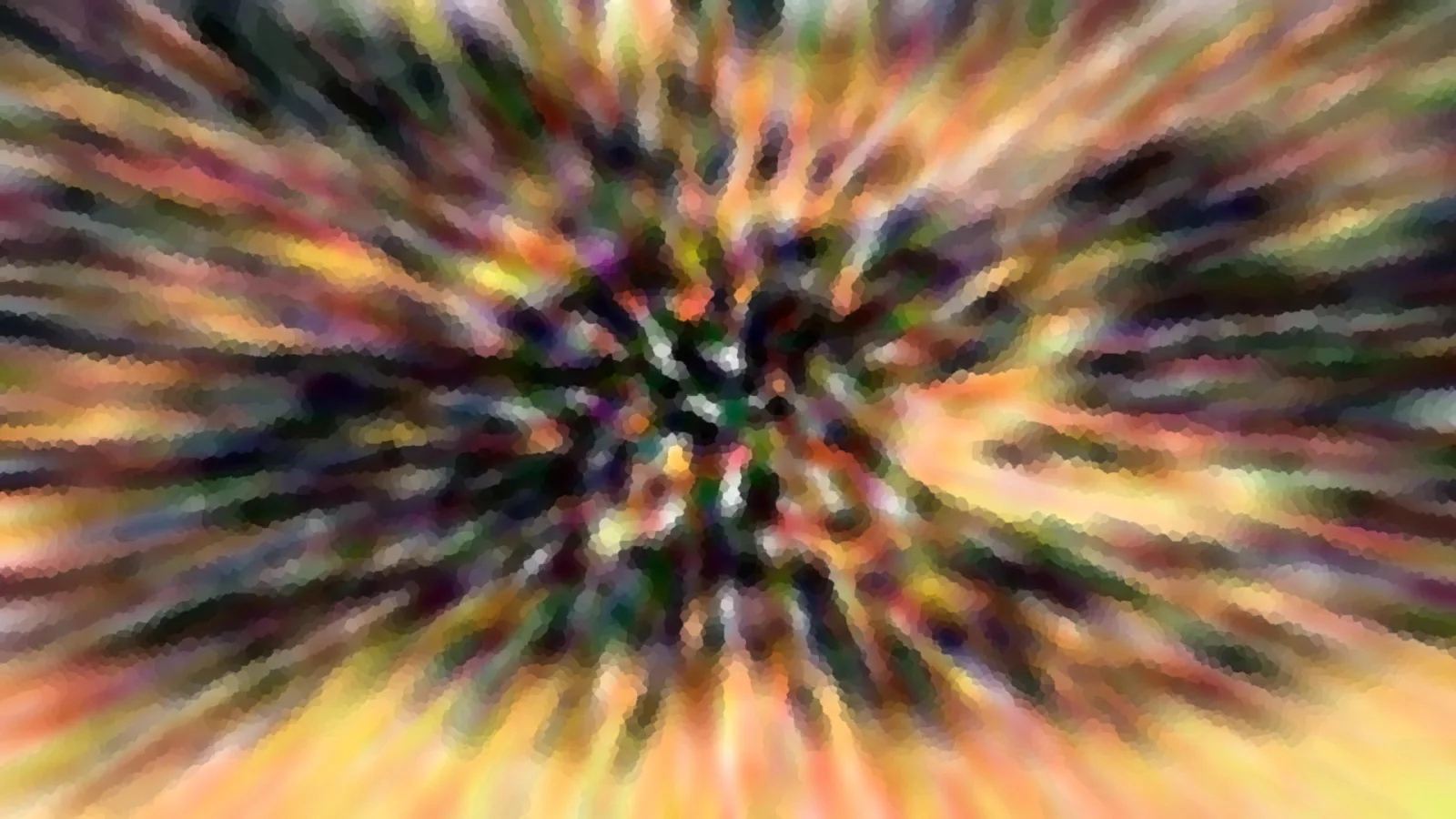 Abstrakte Aufnahme mit radialen Schlieren in Gelb, Orange, Violett und Grün, die von einem dunklen Zentrum nach außen strahlen.