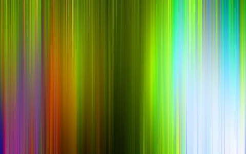 Abstraktes Bild aus dicht nebeneinander stehenden vertikalen Streifen in Grün, Gelb, Orange, Violett und Hellblau, die von links nach rechts ineinander übergehen.